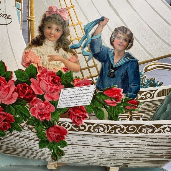 Vintage 1930's To my Valentine Victorian 3D Sailboat Pop Card Couple Celebration - Picture 5 of 9